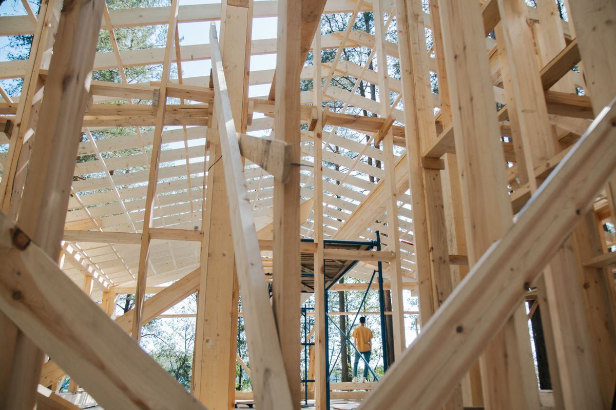 Timber framing inside a house under construction