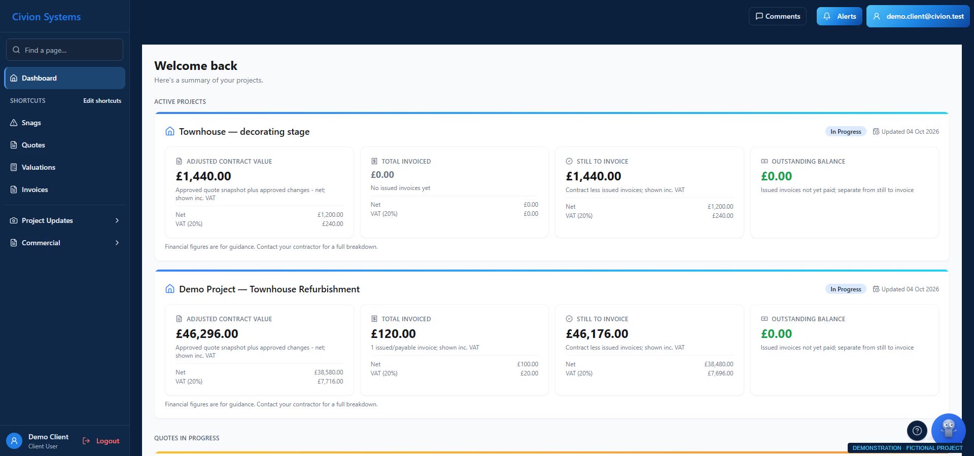 Actual Civion Client communication screen with fictional records