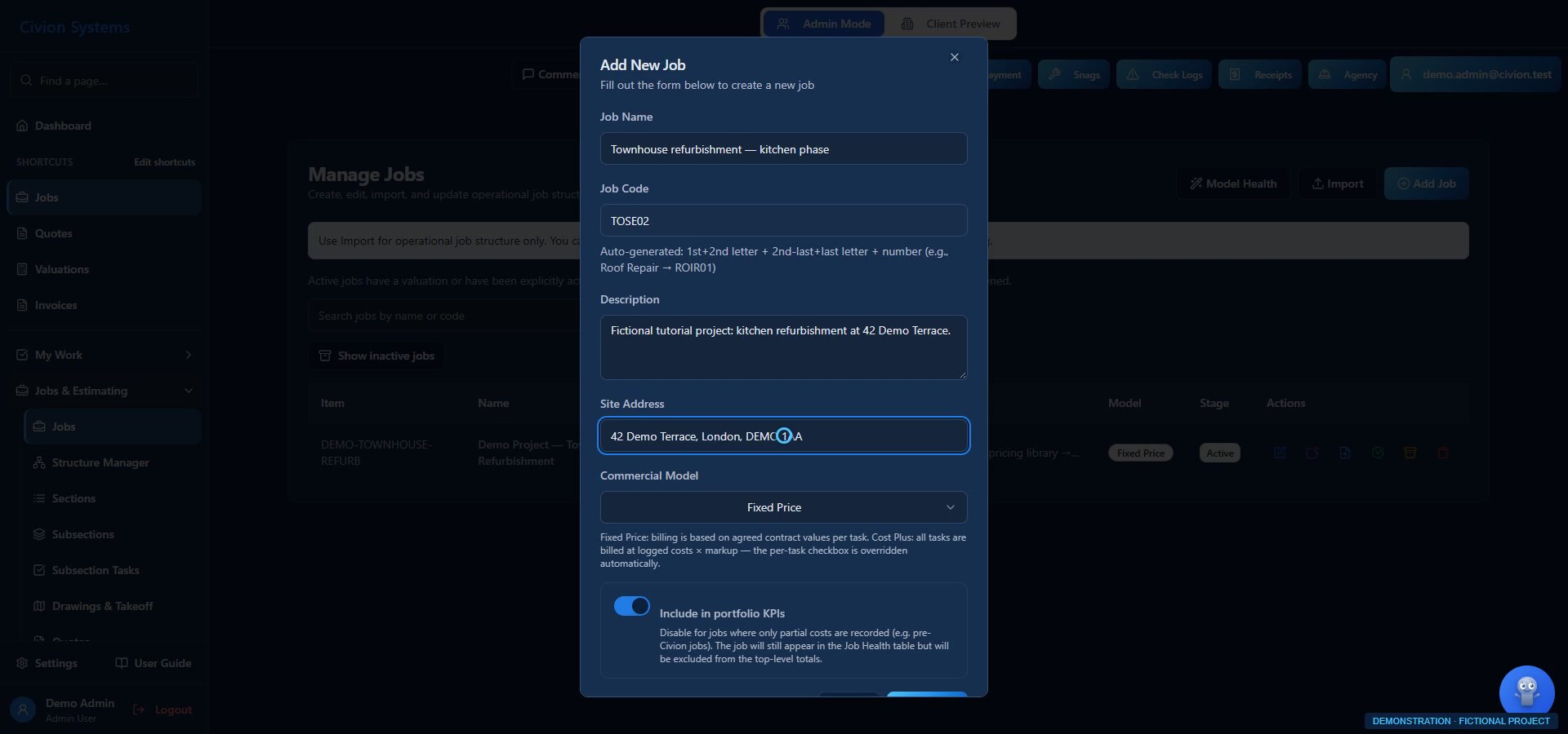 Create the job. Prepare the price. — actual interface with fictional data