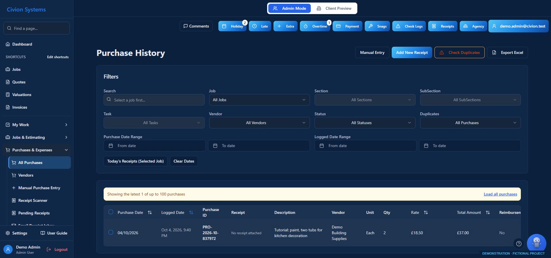 Record costs. Agree changes. — actual interface with fictional data