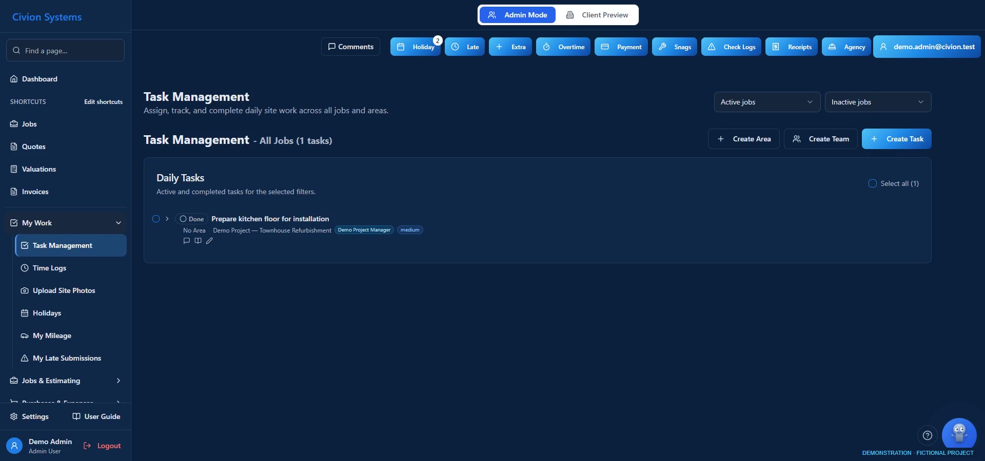 Job management — actual interface with fictional records