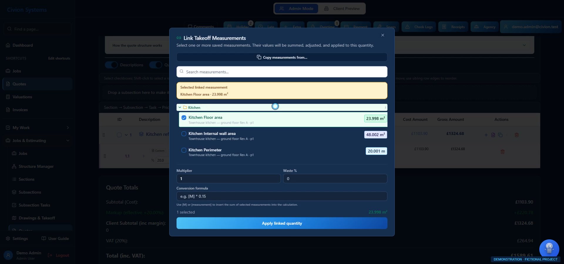 Measure. Link. Review. — actual interface with fictional data
