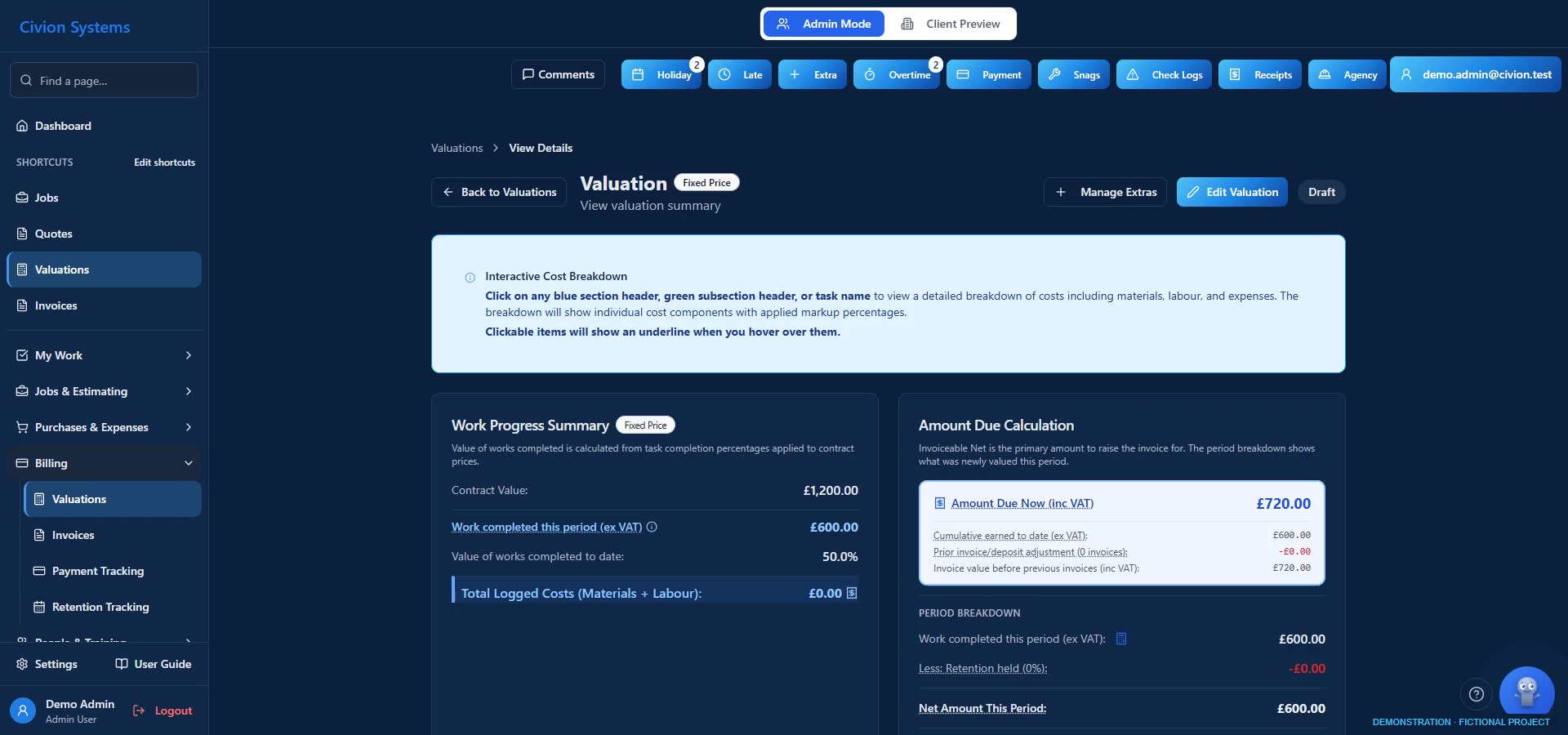 Value the work. Send the invoice. — actual interface with fictional data